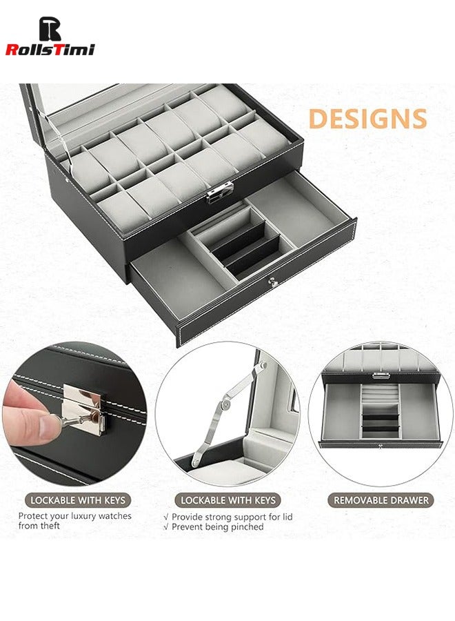 12 Slots Watch Case with Jewelry Organizer Drawer for Women Men, PU Leather Watch Collection Box with Glass Lid & Removable Pillows, 2 Layers Watch Organizer Box