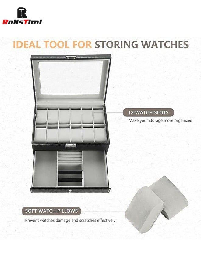 12 Slots Watch Case with Jewelry Organizer Drawer for Women Men, PU Leather Watch Collection Box with Glass Lid & Removable Pillows, 2 Layers Watch Organizer Box