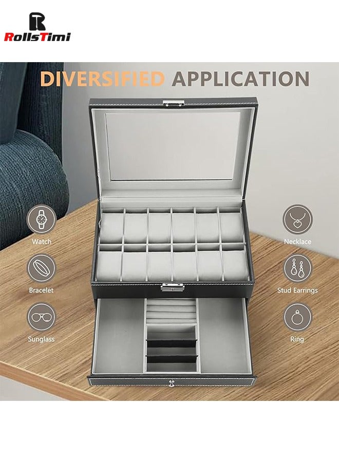 12 Slots Watch Case with Jewelry Organizer Drawer for Women Men, PU Leather Watch Collection Box with Glass Lid & Removable Pillows, 2 Layers Watch Organizer Box