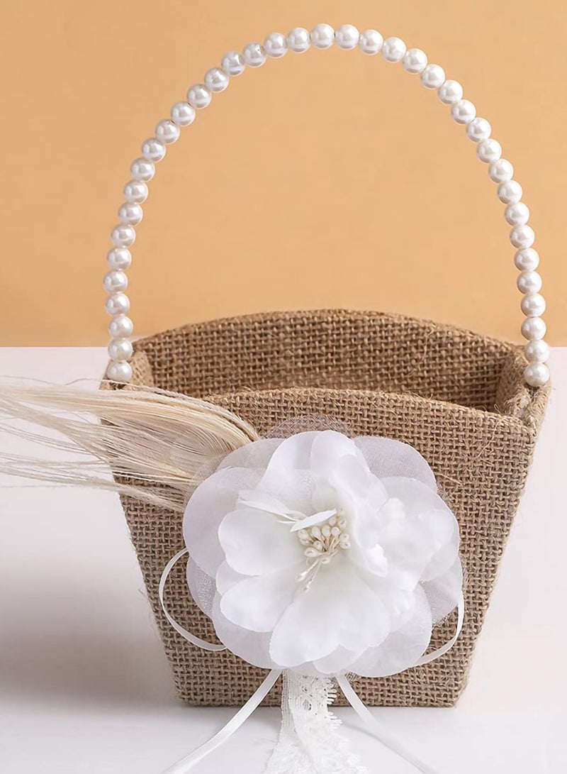 Rustic Flower Girl Basket with Pearl Handle - Vintage Burlap Jute for Weddings and Ceremonies