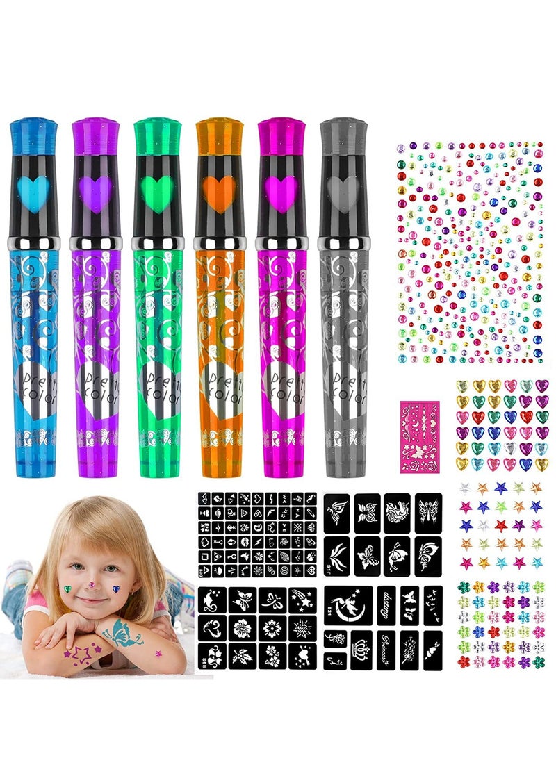 6 In 1 Sparkle Art Temporary Tattoos for Kids Shimmery Tattoo Pens Washable Ink 6 Markers with Stencil Stickers for Girls Boys Theme Party Birthday Gifts Supplies Decorations