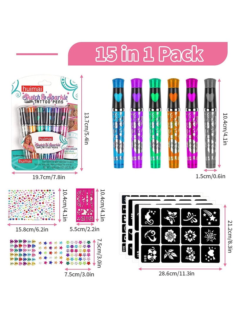 6 In 1 Sparkle Art Temporary Tattoos for Kids Shimmery Tattoo Pens Washable Ink 6 Markers with Stencil Stickers for Girls Boys Theme Party Birthday Gifts Supplies Decorations