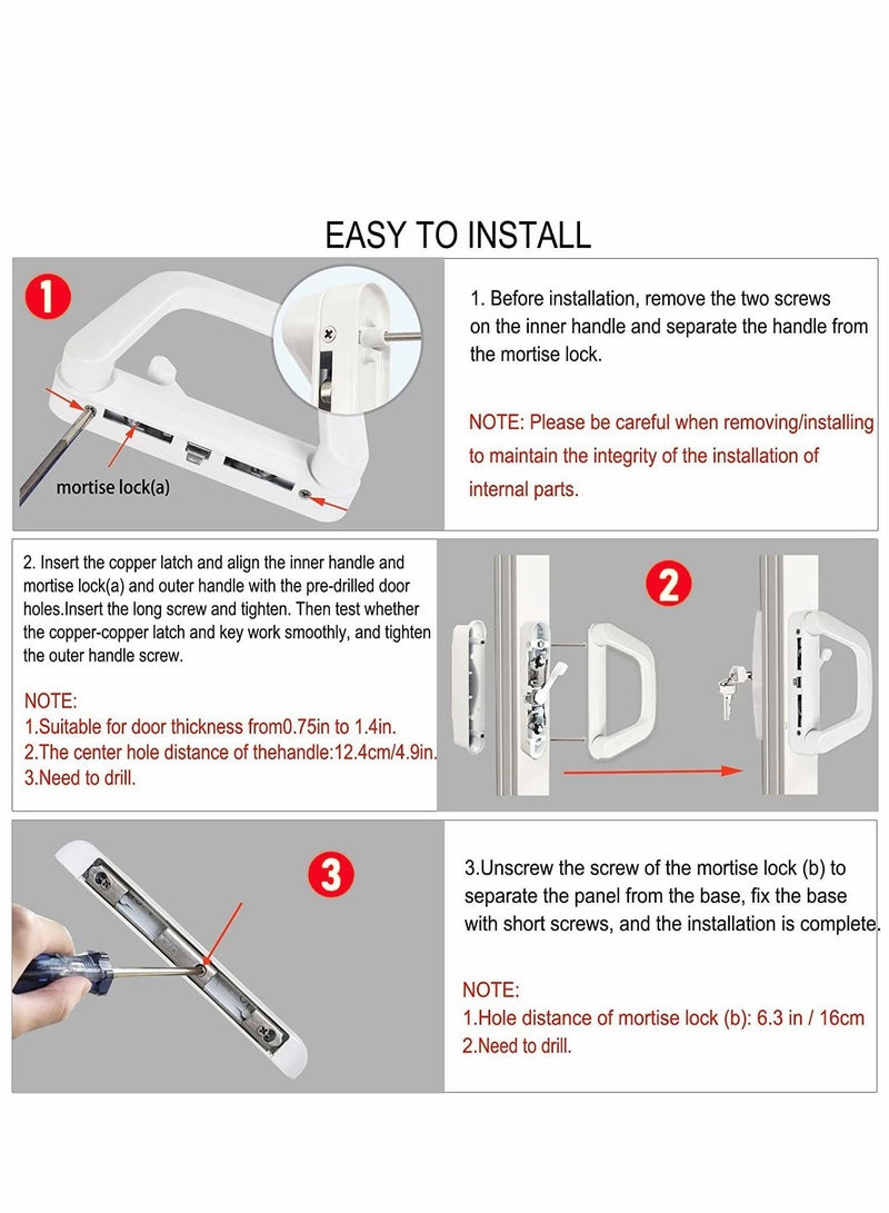 Sliding Patio Door Handle Set Replace Old or Damaged Handles Quickly And Easily White Diecast Mortise Style with Keyed Fits 4-15/16”Hole Spacing