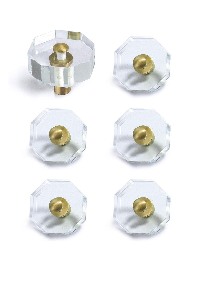 Glass Crystal Knobs Cabinet and Pulls Brass Drawer Pull Handle Gold Furniture Hardware for Dresser Kitchen 6 Pack Octagon