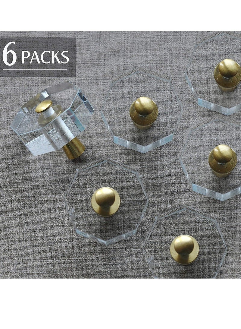 Glass Crystal Knobs Cabinet and Pulls Brass Drawer Pull Handle Gold Furniture Hardware for Dresser Kitchen 6 Pack Octagon