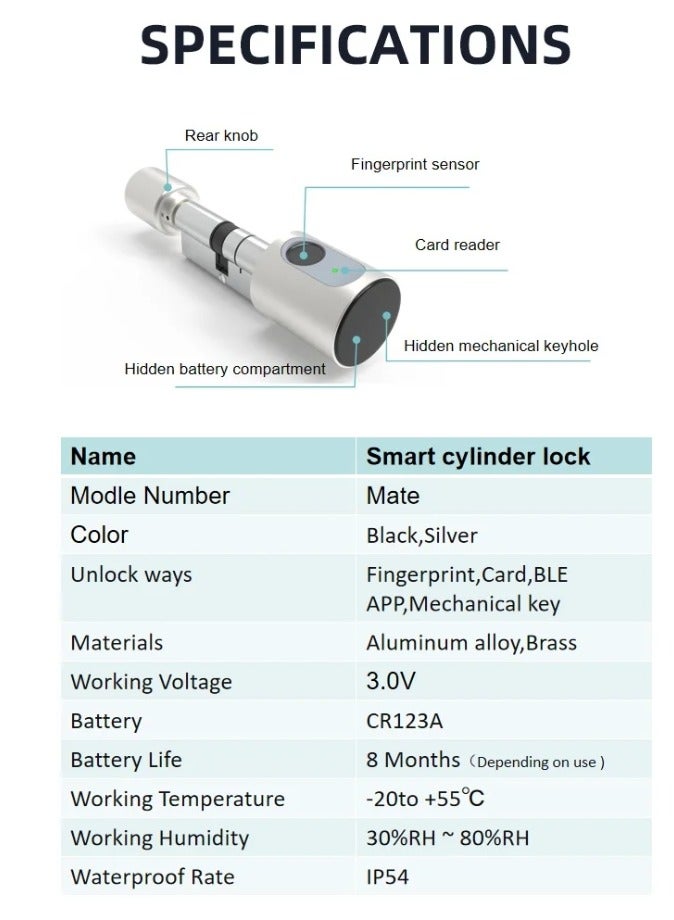 A smart door lock from Tuya that supports up to 100 fingerprints, a smart lock that supports opening via a mobile application, including 2 smart cards.