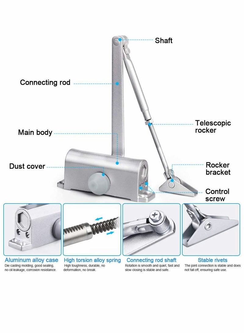 Door Closer, Automatic Hydraulic Adjusting Silent Soft Slow Slam Gate Closer Overhead Concealed Aluminium for 35-65kg 70-110cm Wide Wooden Metal Fire Internal External