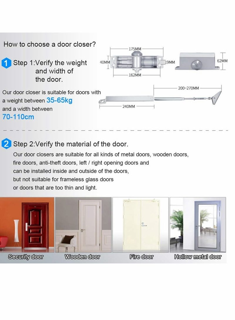 Door Closer, Automatic Hydraulic Adjusting Silent Soft Slow Slam Gate Closer Overhead Concealed Aluminium for 35-65kg 70-110cm Wide Wooden Metal Fire Internal External