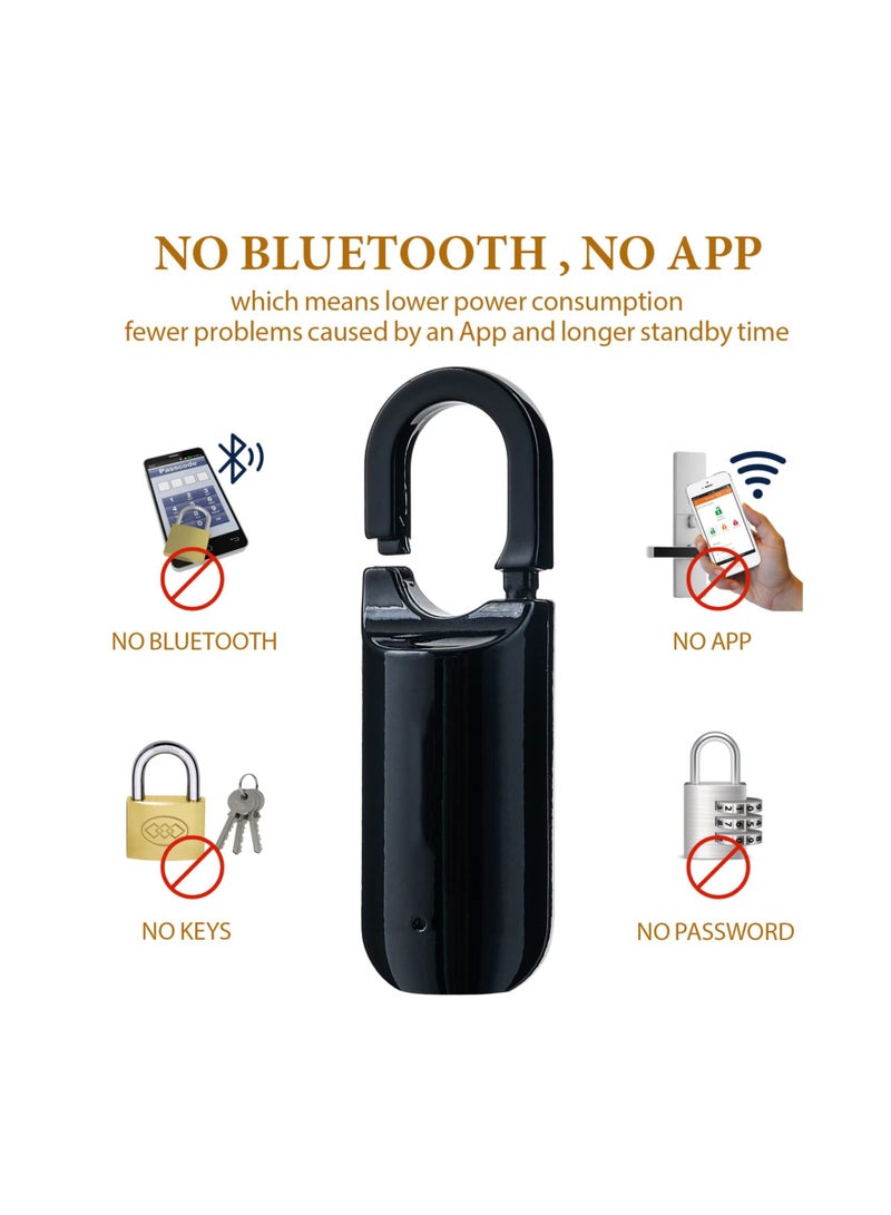 Portable Fingerprint Lock, Mini Black Padlock Long Standby Time USB Charge Keyless for Gym School Locker, House Door, Travel Luggage, Backpack