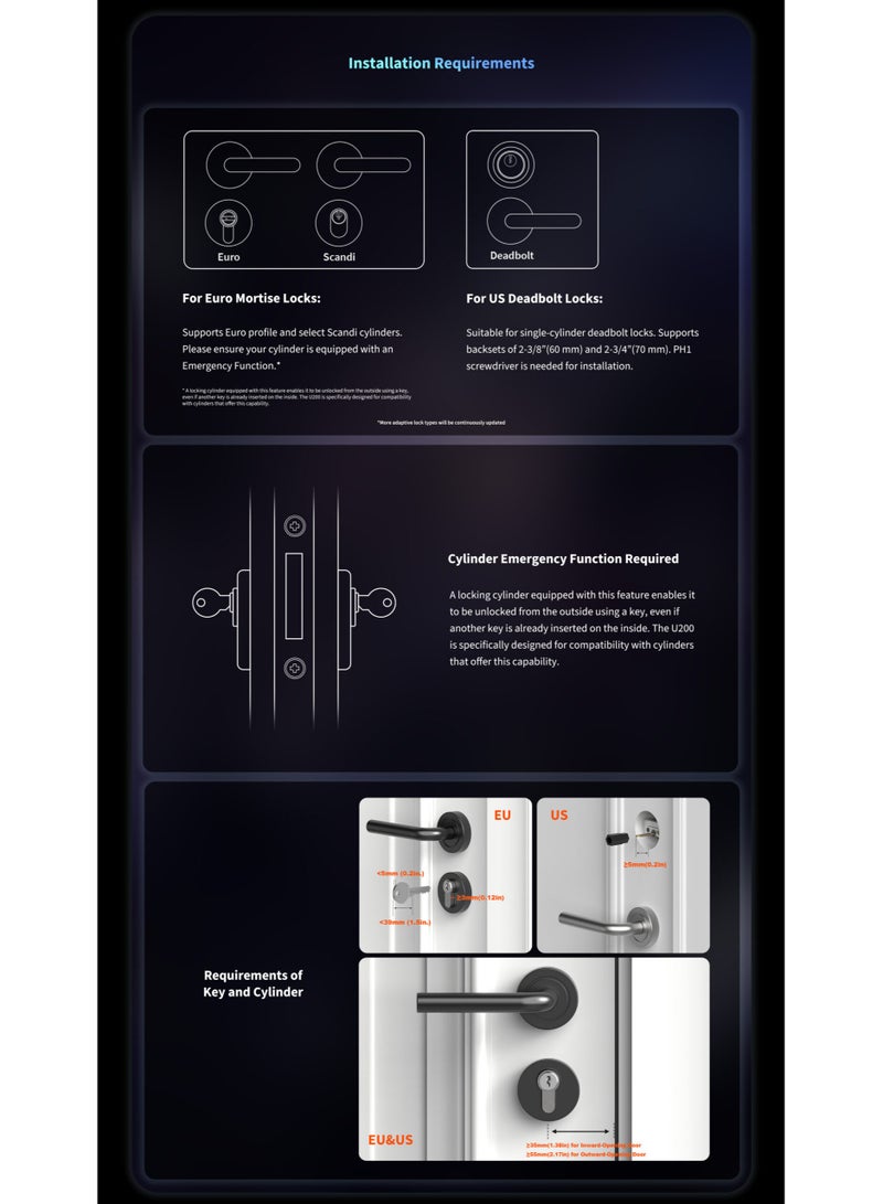 Smart Door Lock U200, Matter over Thread, Keyless Entry Door Lock with Apple Home Key and Rechargeable Battery,Supports Apple Home, Alexa and SmartThings, Black