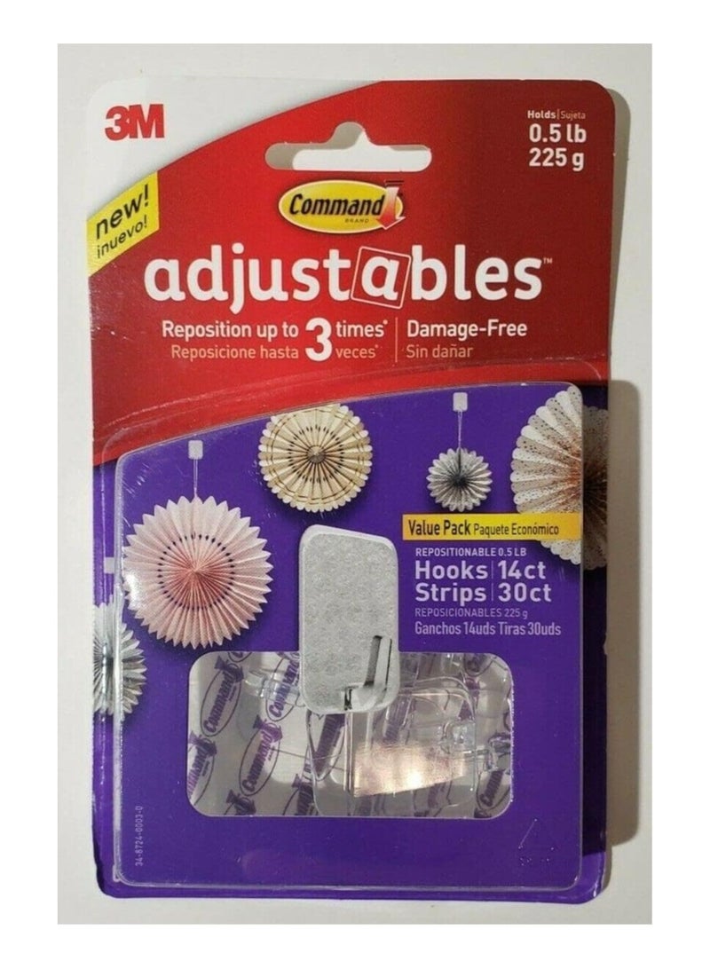 Adjustables Hooks and  Strips Clear Repositionable 14 Hooks and 30 Strips