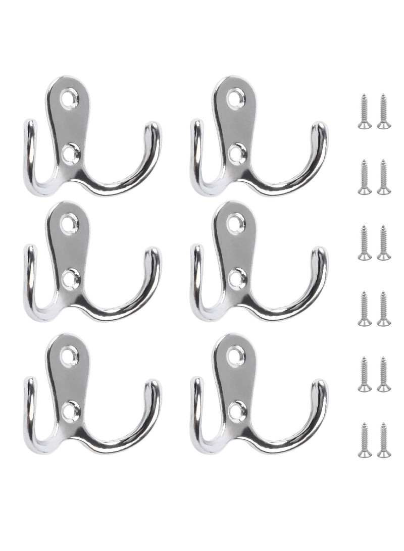 Double Prong Robe Hooks, 6Pcs Dual Coat Hooks Door with 12Pcs Screws Chrome Wall Mounted for Hanging Hat Tie Clothes Towel Metal Retro Cloth Hanger Silver Bedroom Bathroom Kitchen