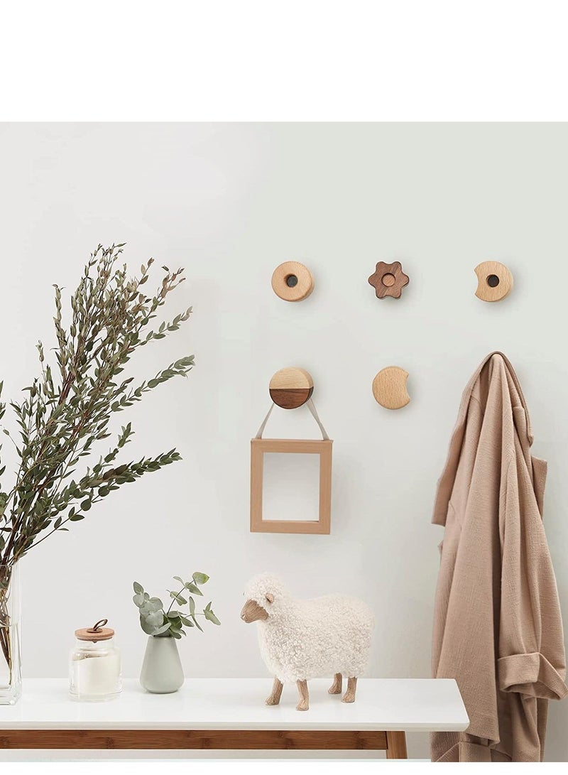 Wood Wall Hooks, Natural Cute Biscuit Coat Boho Mounted,Hanging Rack for Hanging Coat, Scarf, Bag, Towel, Clothes, Short Sleeve ,Shirt Suit, Hats and More 5PCS