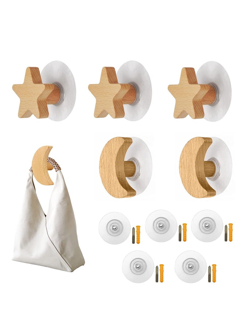 5 Pack Wooden Wall Hooks for Hanging Coat Clothes Hat Towels Bags, Bedroom Hooks, Natural Beech Wood Hooks,Wall Mounted Heavy Duty Hanger Bathroom, Entryway, Shape Decorative