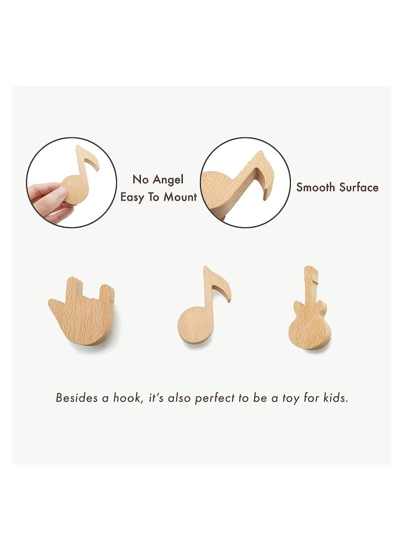 Wood Cute Coat Wall Hooks, Musical Note Guitar Hook, Modern Minimalist Decorative Hooks Mounted for Hanging Coats, Towel, Hat, Keys, Bag, 3 Pcs