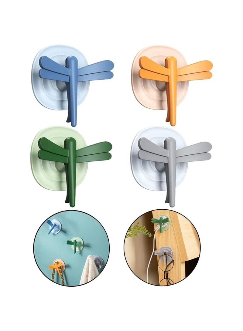 SYOSI Multifunction Wall Hooks, Reusable Dragonfly Seamless Adhesive Holders, Decorative Hooks for Coat Towel Waterproof Bathroom Kitchen Hanging Heavy Duty, 4 Pcs