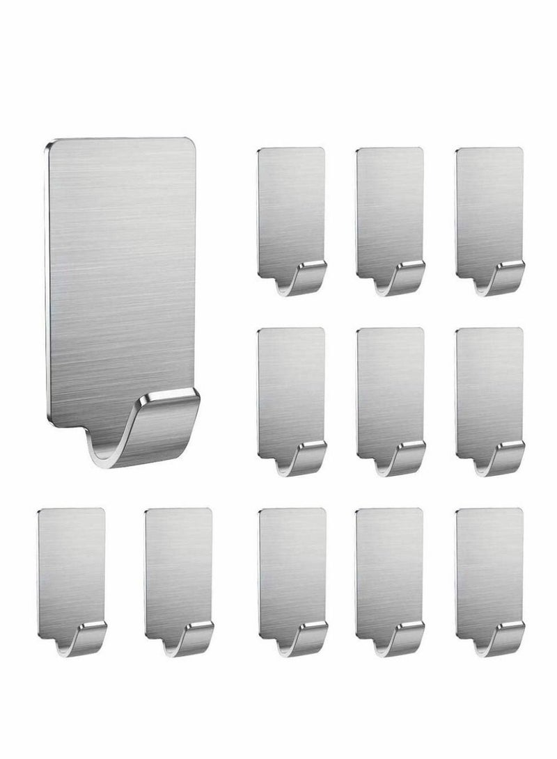 12 Pack Self Adhesive Hooks, Stainless Steel Sticky Wall Hanger, Waterproof, Heavy Duty, Rust-Proof for Kitchen Bathroom Bedroom