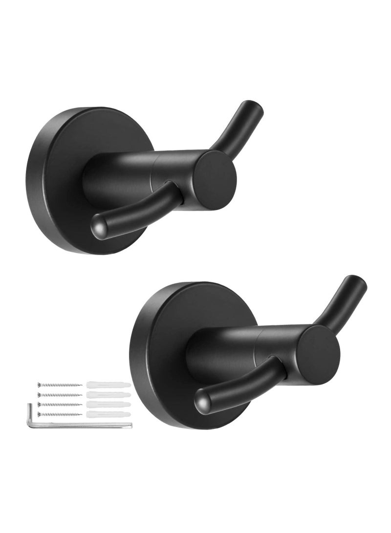 2Pcs Stainless Steel Bilateral Hook, Matte Black Double Wall Hooks, Heavy Duty Mounted Towel Hooks for Hanging Coat, Robe, and Hanger Bathrooms, Bedroom, Kitchen, Garage (2 Pack)