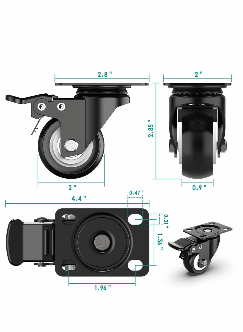 2 Inch Swivel Caster Wheels, Heavy Duty Plate Casters with Safety Brake Total Capacity 600lbs, 360 Degree Rotation Pulley for Set of 4 (2 with Brakes and 2 without)