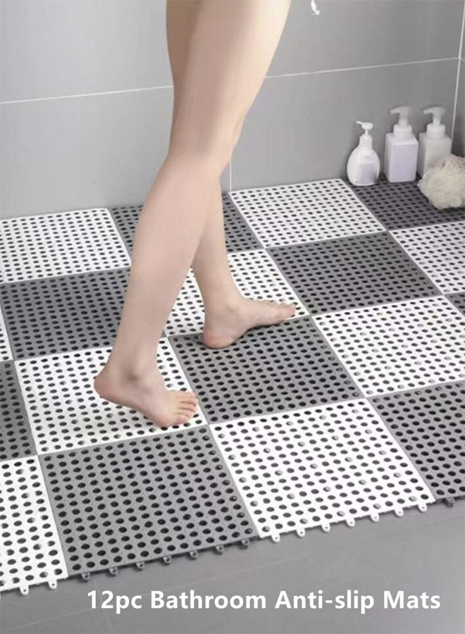 12-Piece Bathroom Anti-slip Mats Kitchen Shower Toilet Hollow Floor Mat Spandex White/Grey 30 x 30 Centimeter
