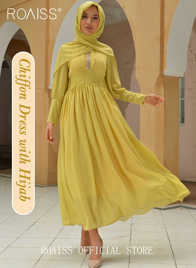 Ladies Dress Solid Color Chiffon Waist Puff Sleeve Long Sleeve Long Sleeve Abaya Dress for Ladies Ramadan Eid al-Adha