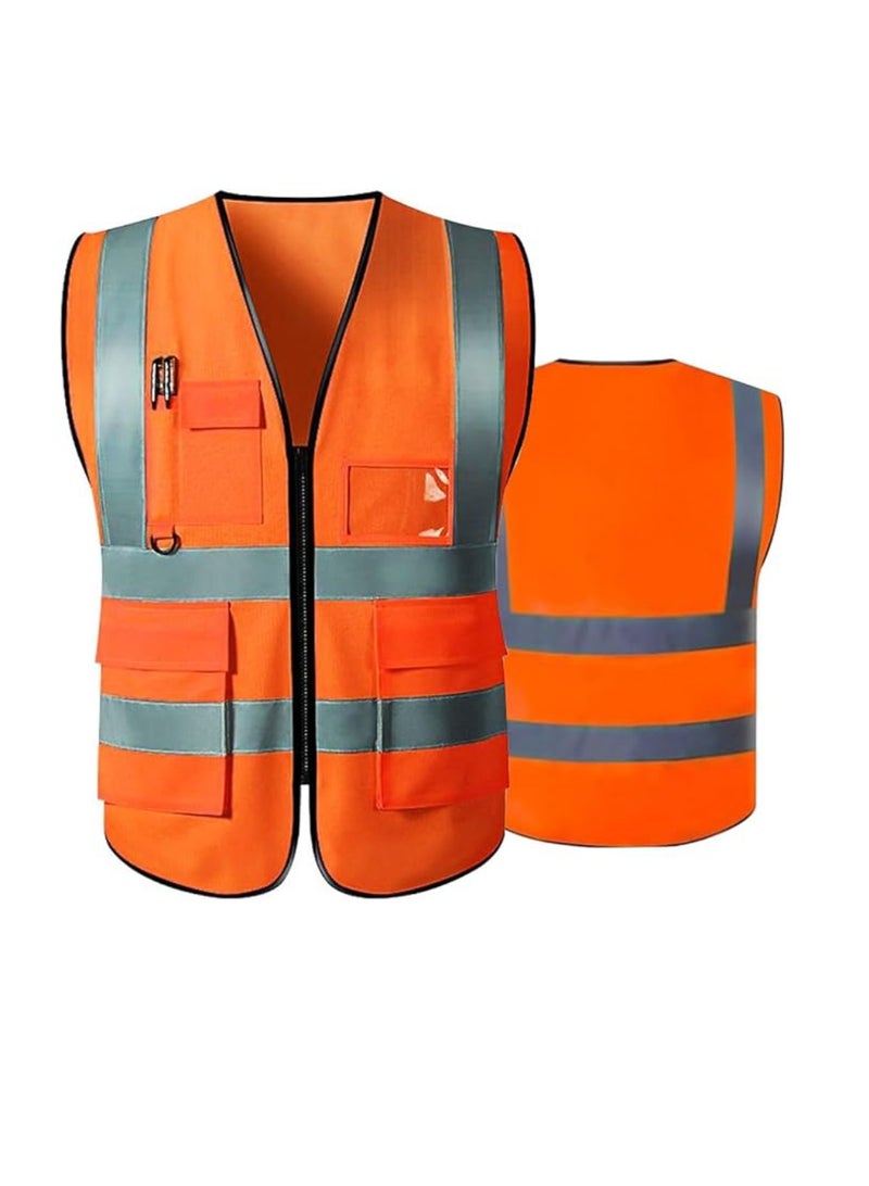 Reflective Safety Vests High Visibility Breathable Day Night Warning Jacket with Zipper And 5 Pockets For Construction Traffic Cycling Safety Purpose Large 10 Pcs