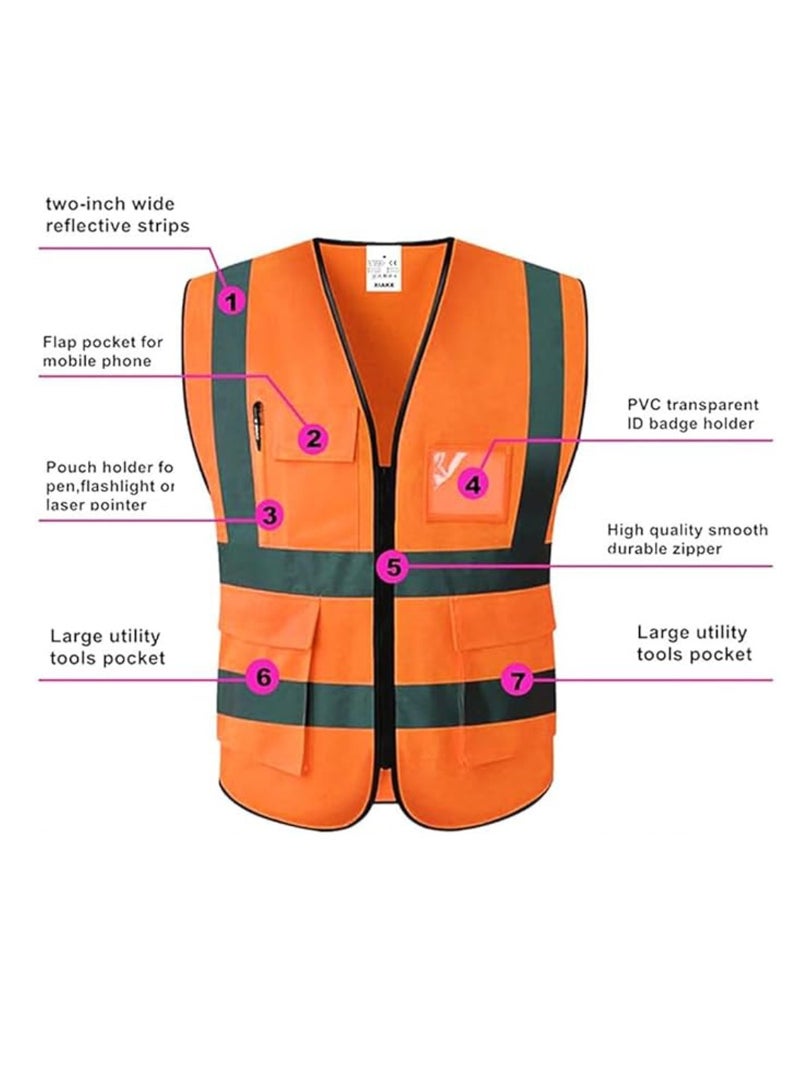 Reflective Safety Vests High Visibility Breathable Day Night Warning Jacket with Zipper And 5 Pockets For Construction Traffic Cycling Safety Purpose Large 10 Pcs