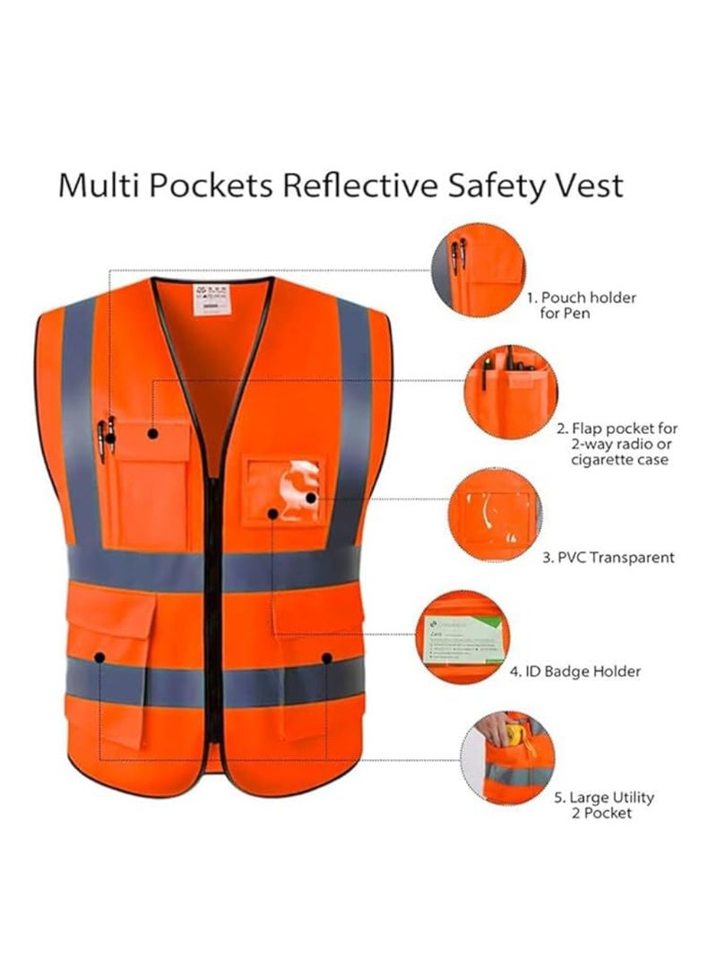 Reflective Safety Vests High Visibility Breathable Day Night Warning Jacket with Zipper And 5 Pockets For Construction Traffic Cycling Safety Purpose Large 10 Pcs