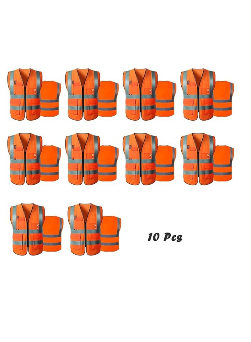 Reflective Safety Vests High Visibility Breathable Day Night Warning Jacket with Zipper And 5 Pockets For Construction Traffic Cycling Safety Purpose Large 10 Pcs