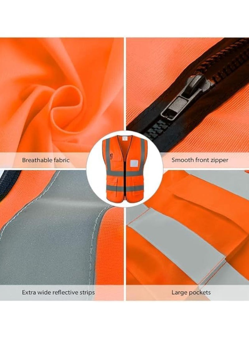 Reflective Safety Vests High Visibility Breathable Day Night Warning Jacket with Zipper And 5 Pockets For Construction Traffic Cycling Safety Purpose Large 10 Pcs