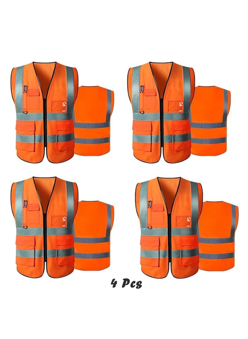 Reflective Safety Vests High Visibility Breathable Day Night Warning Jacket with Zipper And 5 Pockets For Construction Traffic Cycling Safety Purpose Medium 4 Pcs