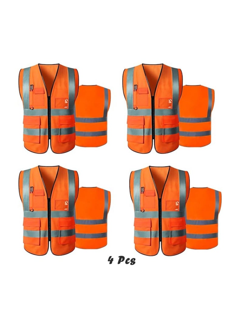 Reflective Safety Vests High Visibility Breathable Day Night Warning Jacket with Zipper And 5 Pockets For Construction Traffic Cycling Safety Purpose Large 4 Pcs