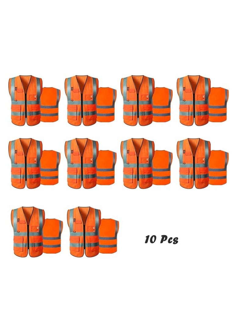 Reflective Safety Vests High Visibility Breathable Day Night Warning Jacket with Zipper And 5 Pockets For Construction Traffic Cycling Safety Purpose Medium 10 Pcs