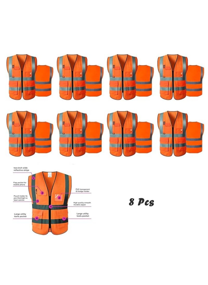 Reflective Safety Vests High Visibility Breathable Day Night Warning Jacket with Zipper And 5 Pockets For Construction Traffic Cycling Safety Purpose Medium 8 Pcs