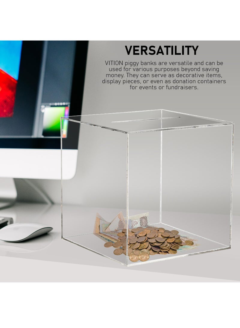 Piggy Bank for Adults Kids, Acrylic Piggy Bank for Boys Girls to Saving Money Cash Coin, Must Break to Open (18 x 18 cm, Crystal Clear)