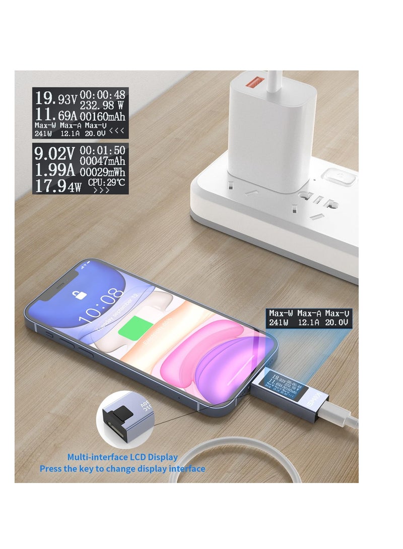 USB C Tester Power Meter 4-30V 0-12A, Digital Multimeter, Type C Voltage Current Tester Meter, Power Bank Capacity, Working Time Ammeter Voltmeter USB Cable Charger Detector