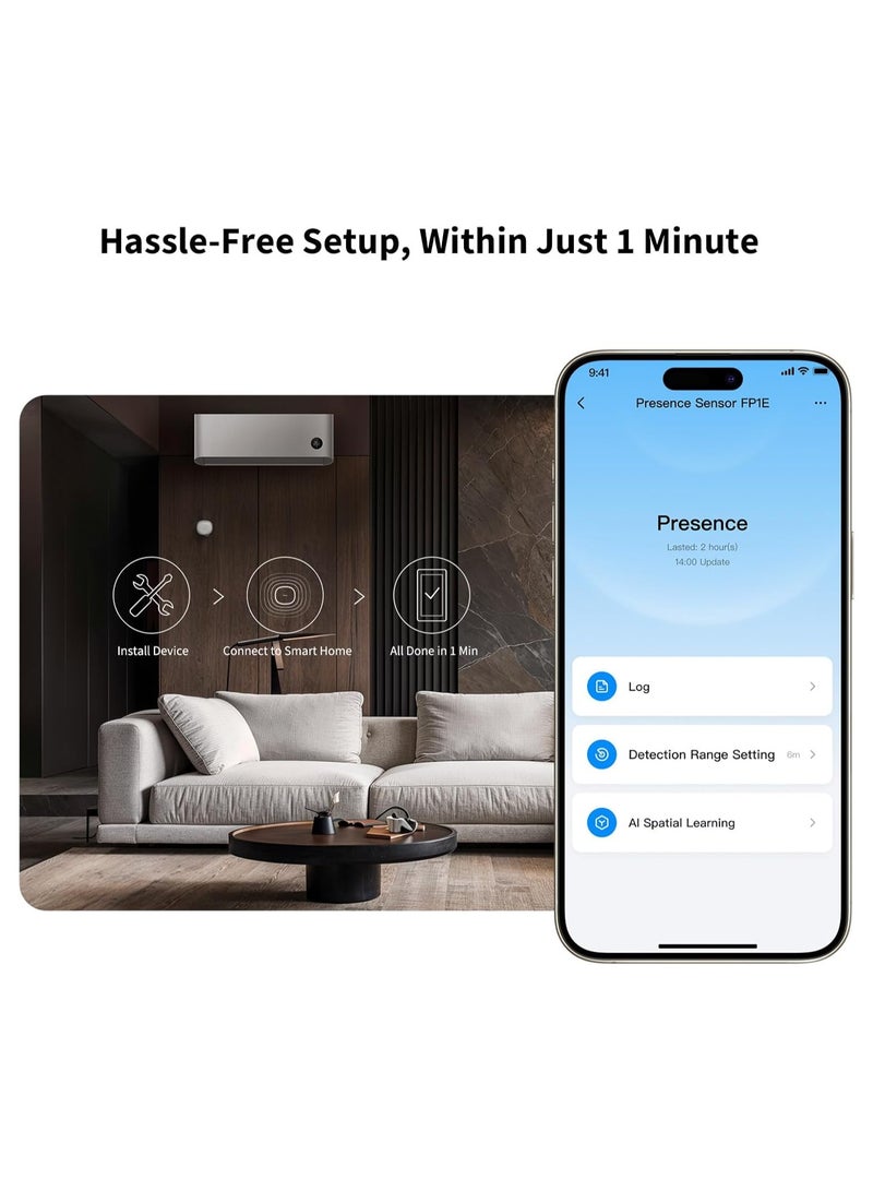 Presence Sensor FP1E with Matter, Zigbee Requires Aqara Zigbee 3.0 HUB, mmWave Radar Wired Motion Sensor, AI Spatial Learning, Supports HomeKit, Alexa, SmartThings-Global version White