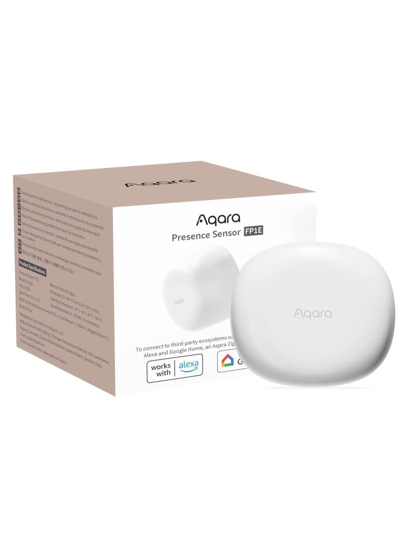 Presence Sensor FP1E with Matter, Zigbee Requires Aqara Zigbee 3.0 HUB, mmWave Radar Wired Motion Sensor, AI Spatial Learning, Supports HomeKit, Alexa, SmartThings-Global version White