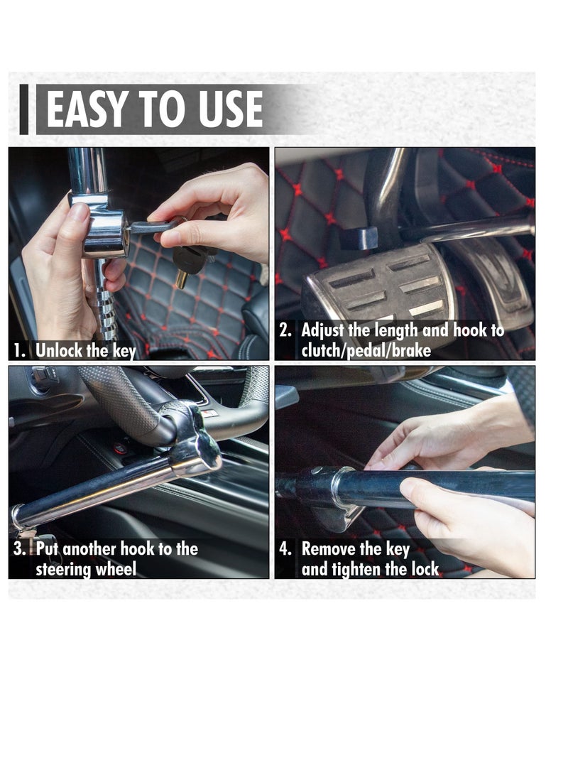 Steering Wheel Lock Bar, Heavy Duty Anti-Theft Security Brake Pedal with Adjustable Length 2 Keys, Silver