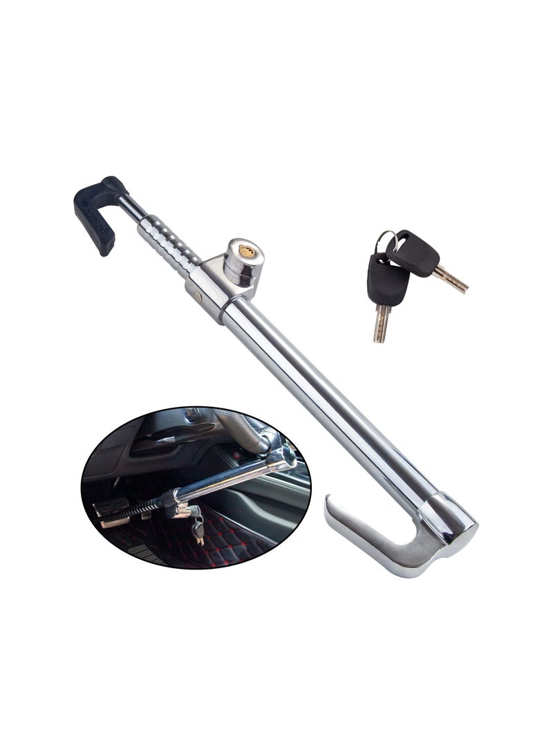 Steering Wheel Lock Bar, Heavy Duty Anti-Theft Security Brake Pedal with Adjustable Length 2 Keys, Silver