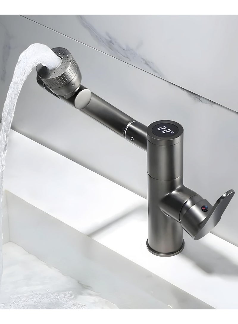 Modern Hot and Cold Basin Faucet, Adjustable Temperature, Single Handle, Ceramic Cartridge (Digital Display, Black)