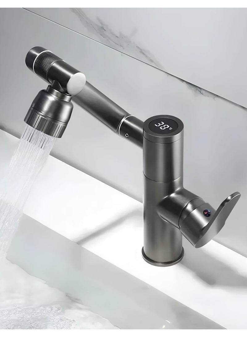 Modern Hot and Cold Basin Faucet, Adjustable Temperature, Single Handle, Ceramic Cartridge (Digital Display, Black)