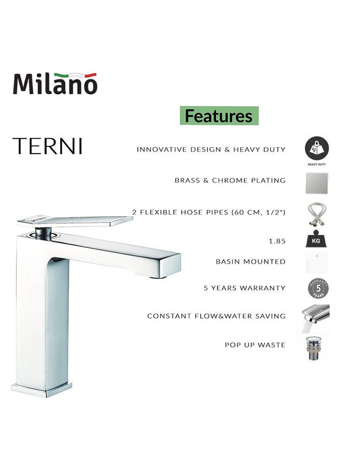Terni Basin Mixer With Pop Up Waste Brass Single Handle Basin Mixer, Bath Faucet, Sink Faucet For Bathroom, Commercial Lavatories, Kitchen Chrome