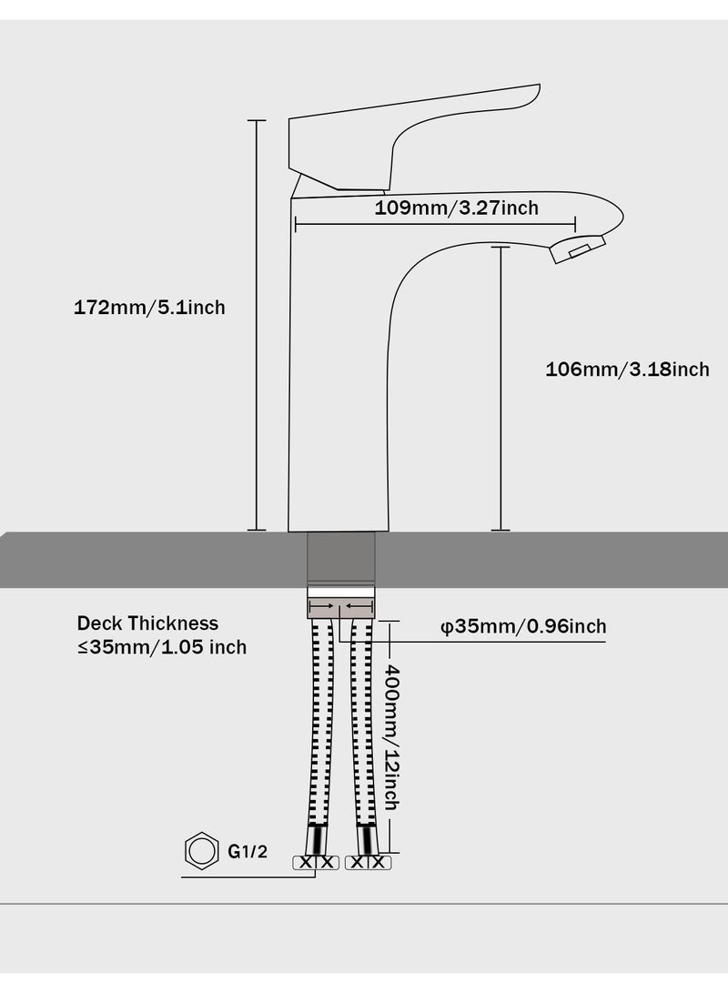 Bathroom Mixer Faucet, Single-Handle Water-Saving Basin Mixer, Cold & Hot Water, Deck Mount, Chrome Finish