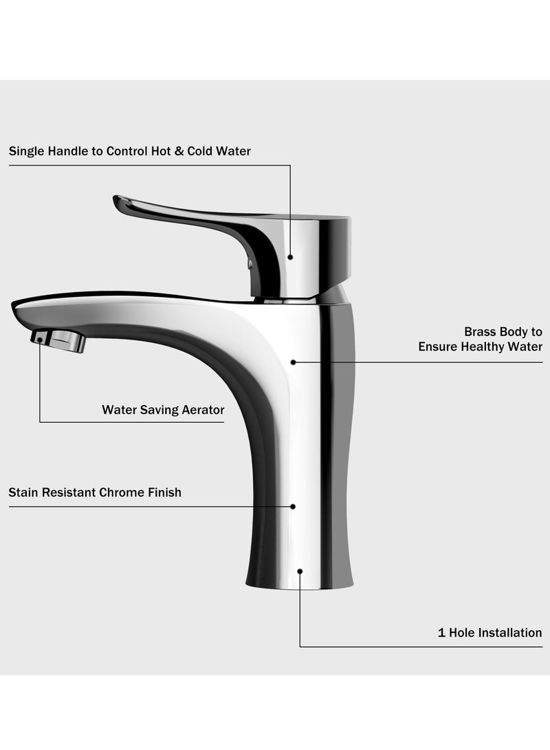 Bathroom Mixer Faucet, Single-Handle Water-Saving Basin Mixer, Cold & Hot Water, Deck Mount, Chrome Finish