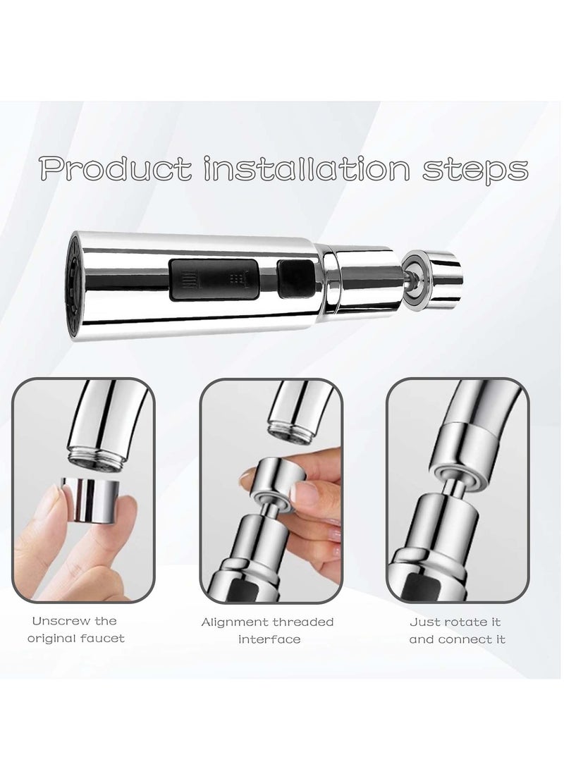 Kitchen Tap Spray Head, 360° Swivel Spout Tap Extender, Replacement Tap End Diffuser, FM22 M24 tap Attachment Sink Kitchen, 3 Modes Anti-Splash (Silver)