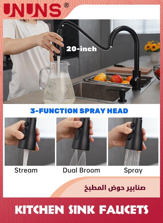 Matte Black Sink Fuacet,Black Kitchen Faucet Set With Pull Down Sprayer 2 Modes,Stainless Steel Single Handle Faucet For 1 or 2 Holes Sink