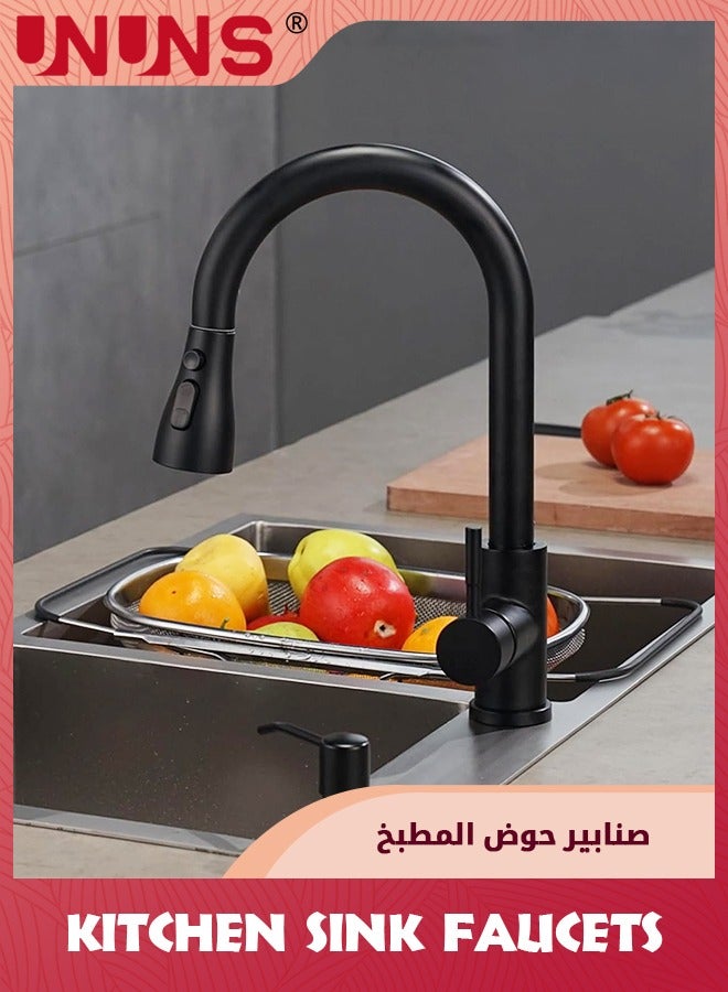 Matte Black Sink Fuacet,Black Kitchen Faucet Set With Pull Down Sprayer 2 Modes,Stainless Steel Single Handle Faucet For 1 or 2 Holes Sink