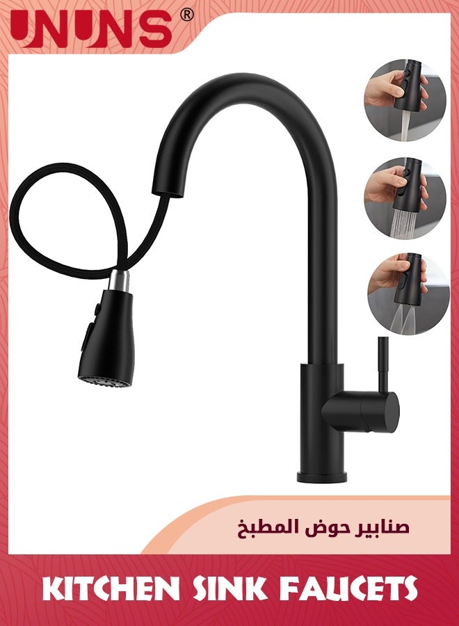 Matte Black Sink Fuacet,Black Kitchen Faucet Set With Pull Down Sprayer 2 Modes,Stainless Steel Single Handle Faucet For 1 or 2 Holes Sink