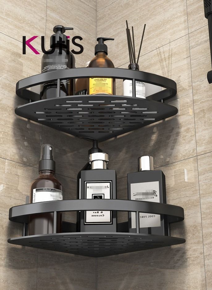 2 Piece Bathroom Shelf Shower Shampoo Soap Organizer Wall Mounts Storage Rack Aluminum  Alloy Gold/Black 28 x 21 x 5 cm